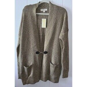 MICHAEL KORS  Women's Metallic Beige Gold Clasp Cardigan Size XL With Pockets